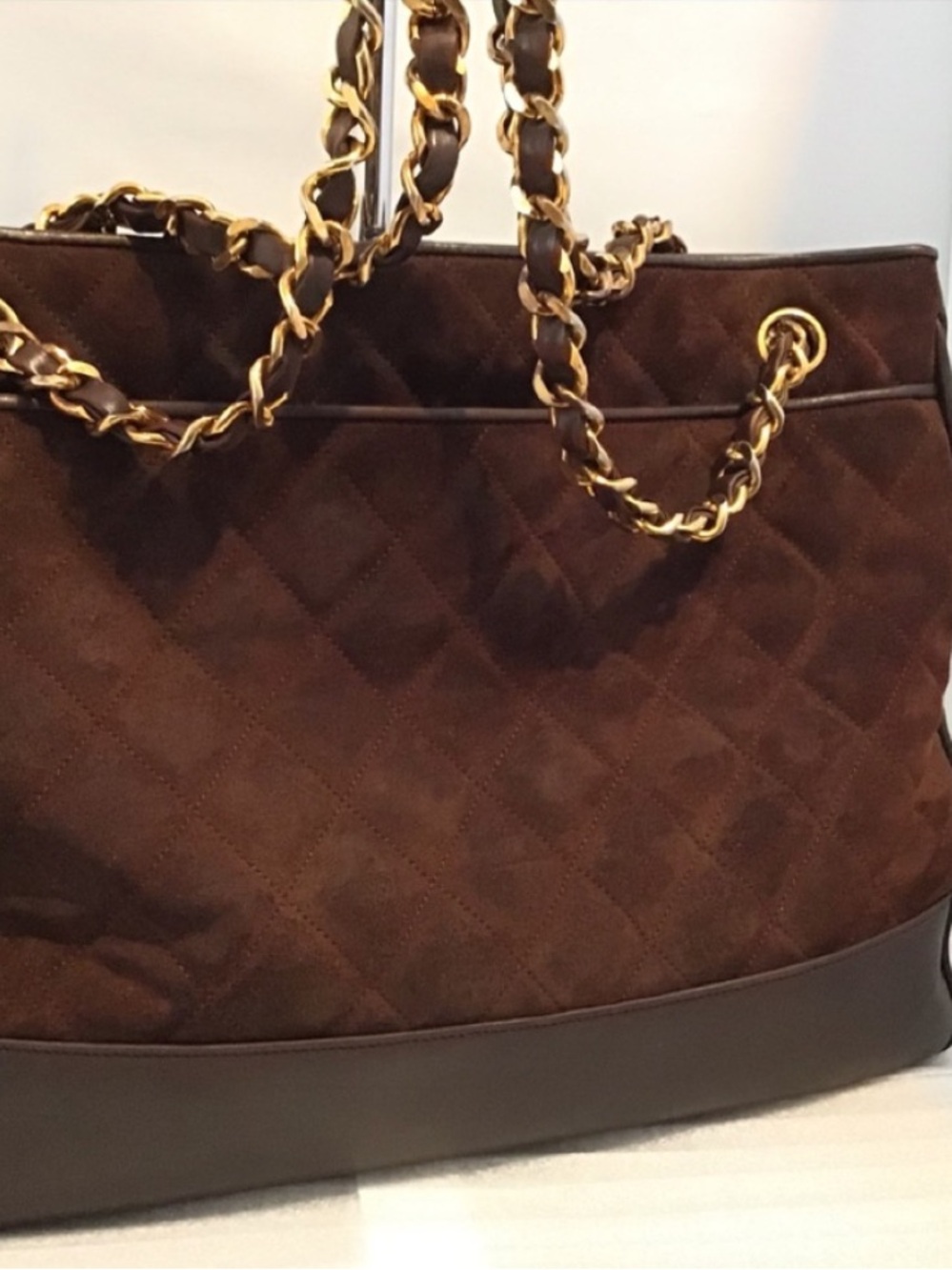 CHANEL Brown Quilted Shoulder Tote with Gold Chain Strap